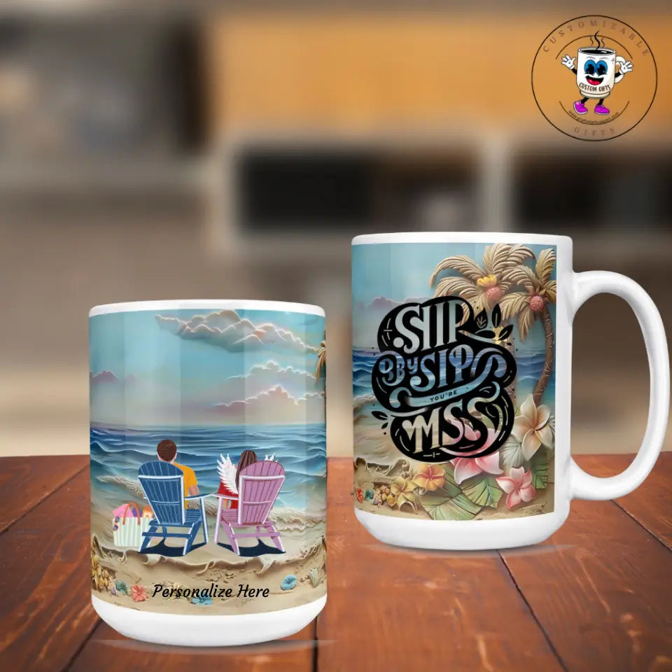 Customized memorial mug with a tropical beach theme, featuring an illustration of palm trees, vibrant plumeria flowers in shades of pink and yellow, and a tranquil ocean view. Available in 15oz or 11oz options, as seen on griefreliefsupport.com.