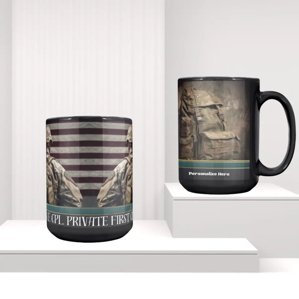Commemorative military mug memorial gift featuring a pair of upright, worn brown military boots in front of a faded American flag, with the text 'LANCE CPL. PRIVATE FIRST CLASS' and American flag icons on a teal banner below.